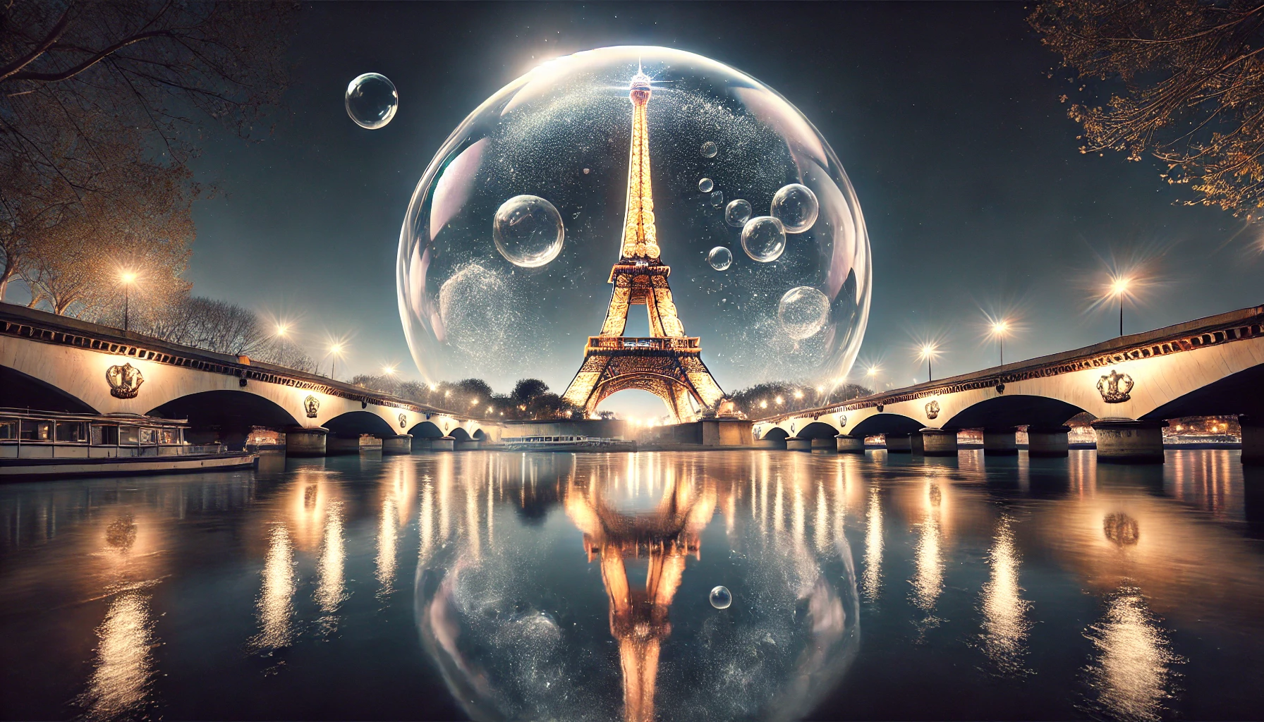 DALL·E 2025-01-17 01.14.15 - A surreal artistic representation of the Eiffel Tower at night, reimagined as if it were enclosed in a giant floating bubble. The bubble is transparen